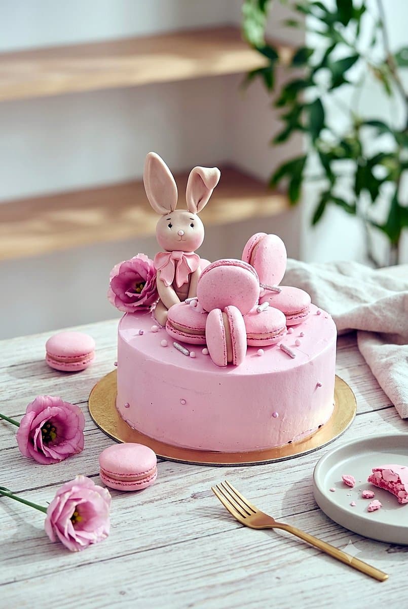 Tort artystyczny z zajączkiem i makaronikami